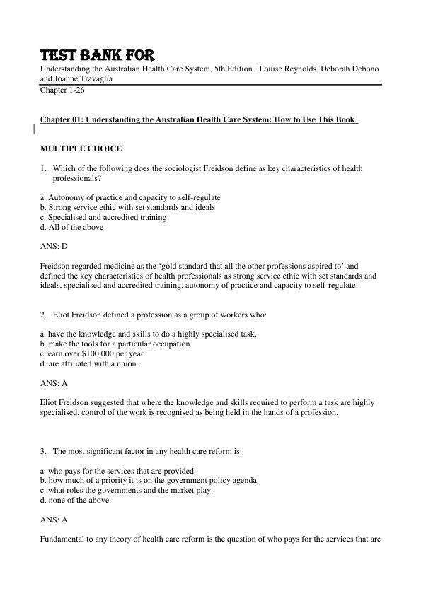 Test Bank For Understanding the Australian Health Care System, 5th Edition by 2024 Louise Reynolds, Deborah Debono and Joanne Travaglia Chapter 1-28