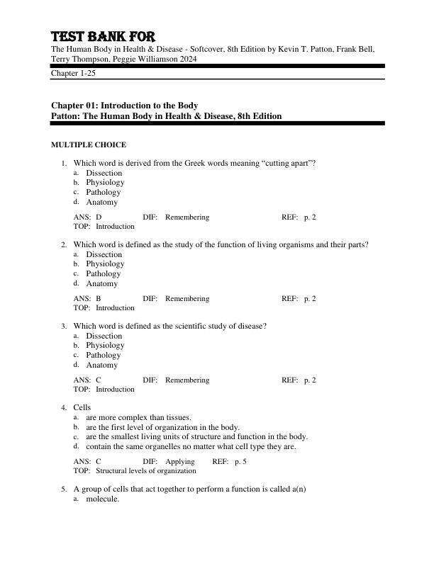 Test Bank For The Human Body in Health & Disease - Softcover, 8th Edition by Kevin T. Patton, Frank Bell, Terry Thompson, Peggie Williamson 2024 Chapter 1-25