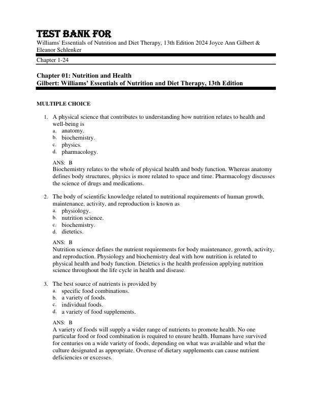 Test Bank For Williams' Essentials of Nutrition and Diet Therapy, 13th Edition by 2024 Joyce Ann Gilbert & Eleanor Schlenker Chapter 1-24