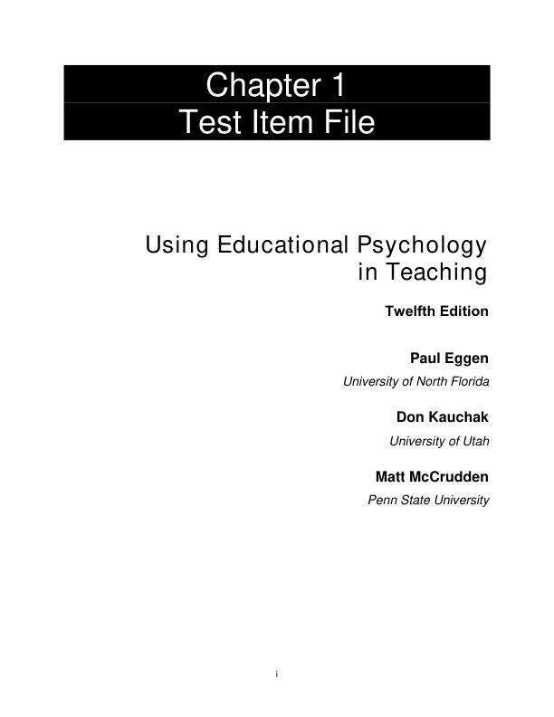 Test Bank For Using Educational Psychology in Teaching, 2025 12th Edition by Paul Eggen Don Kauchak Matthew McCrudden Chapter 1-15