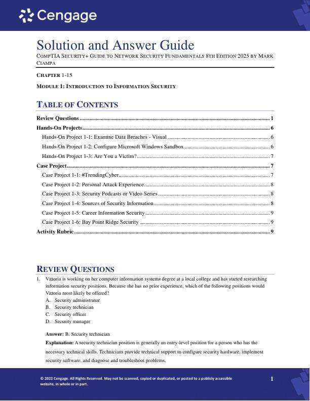 Solution and Answer Guide CompTIA Security+ Guide to Network Security Fundamentals 8th Edition 2025 by Mark Ciampa Chapter 1-15