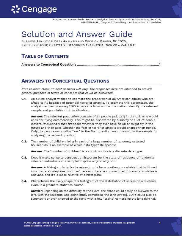 Solution and Answers Guide For Business Analytics Data Analysis & Decision Making 8th Edition 2025 by S. Christian Albright, Wayne L. Winston Chapter 1-19