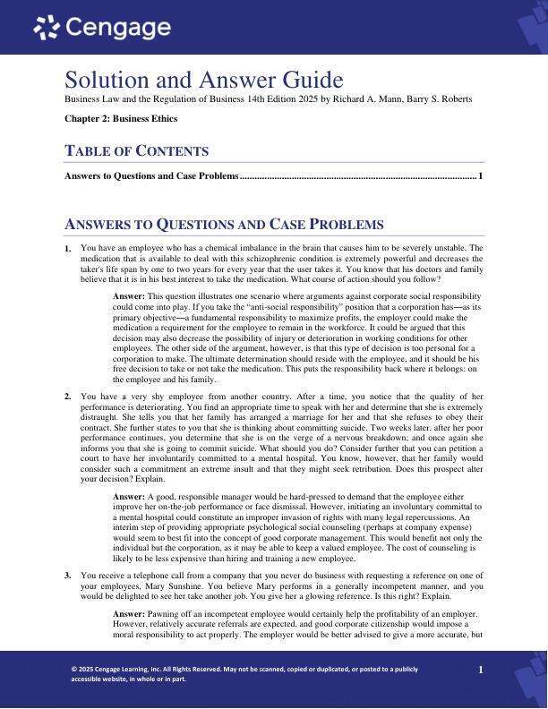 Solution Manual For Business Law and the Regulation of Business 14th Edition by 2025 by Richard A. Mann, Barry S. Roberts Chapter 2-50