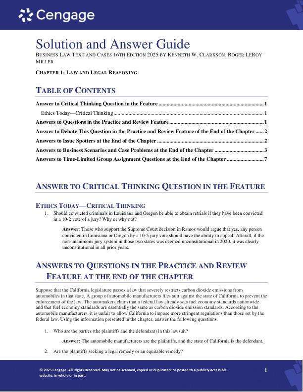 Solution Manual For Business Law Text and Cases 16th Edition by 2025 by Kenneth W. Clarkson, Roger LeRoy Miller Chapter 1-51 With Unit 1-10