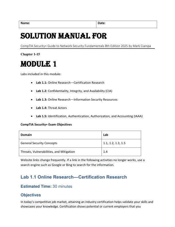 Solution Manual For CompTIA Security+ Guide to Network Security Fundamentals 8th Edition 2025 by Mark Ciampa Chapter 1-15