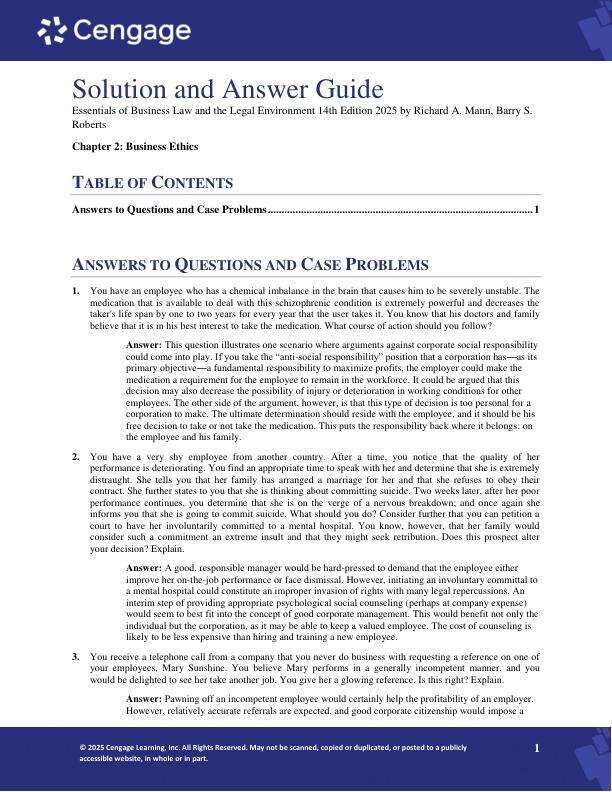 Solution Manual For Essentials of Business Law and the Legal Environment 14th Edition 2025 by Richard A. Mann, Barry S. Roberts Chapter 2-50