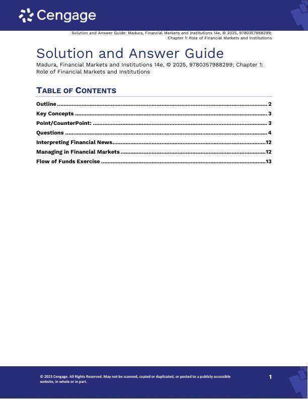 Solution Manual For Financial Markets & Institutions 14th Edition 2025 by Jeff Madura, Ohaness Paskelian Chapter 1-27