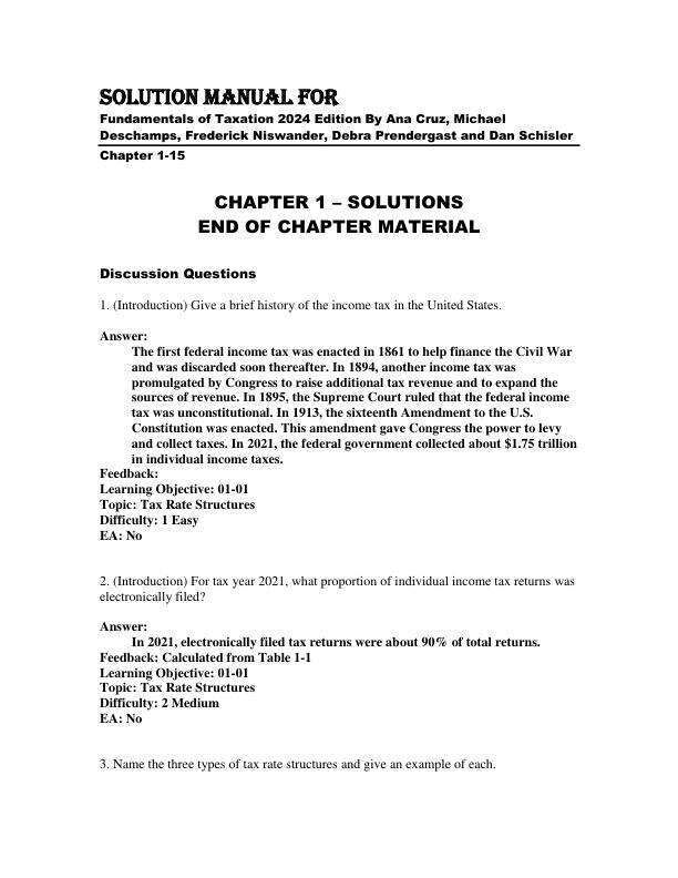 Solution Manual For Fundamentals of Taxation 2024 Edition By Ana Cruz, Michael Deschamps, Frederick Niswander, Debra Prendergast and Dan Schisler Chapter 1-15
