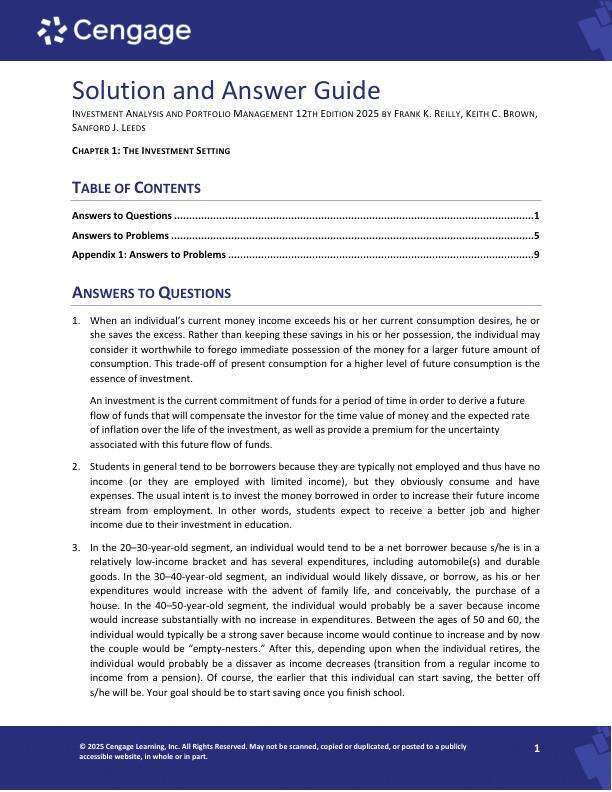 Solution Manual For Investment Analysis and Portfolio Management 12th Edition by 2025 by Frank K. Reilly, Keith C. Brown, Sanford J. Leeds Chapter 1-18