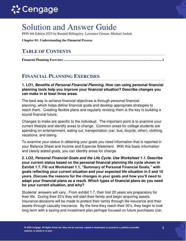 Solution Manual For PFIN 8th Edition 2025 by Randall Billingsley, Lawrence Gitman, Michael Joeh Chapter 1-15