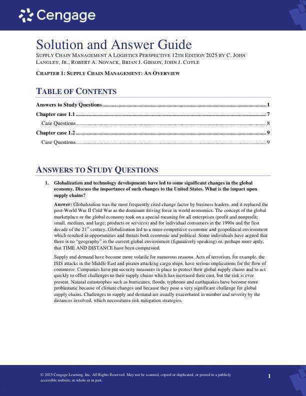 Solution Manual For Supply Chain Management A Logistics Perspective 12th Edition 2025 by C. John Langley, Jr., Robert A. Novack, Brian J. Gibson, John J. Coyle Chapter 1-15