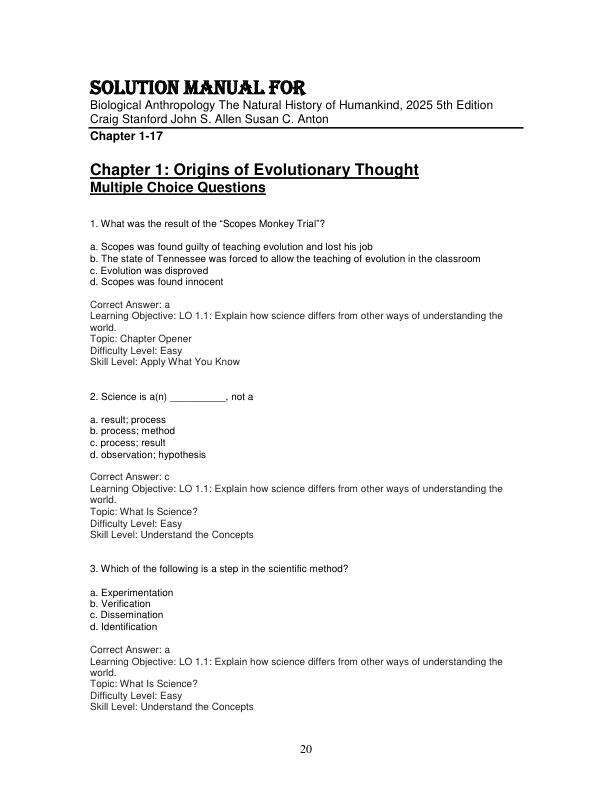 Test Bank For Biological Anthropology The Natural History of Humankind, 2025 5th Edition by Craig Stanford John S. Allen Susan C. Anton Chapter 1-17