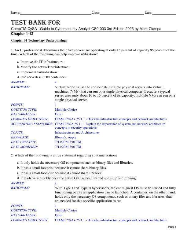 Test Bank For CompTIA CySA+ Guide to Cybersecurity Analyst (CS0-003) 3rd Edition 2025 by Mark Ciampa Chapter 1-12