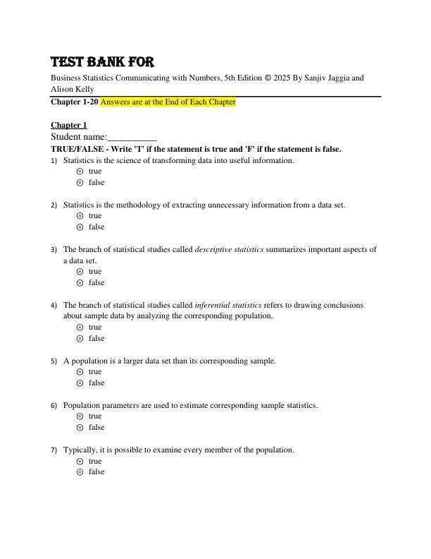 Test Bank For Business Statistics Communicating with Numbers, 5th Edition © 2025 By Sanjiv Jaggia and Alison Kelly Chapter 1-20