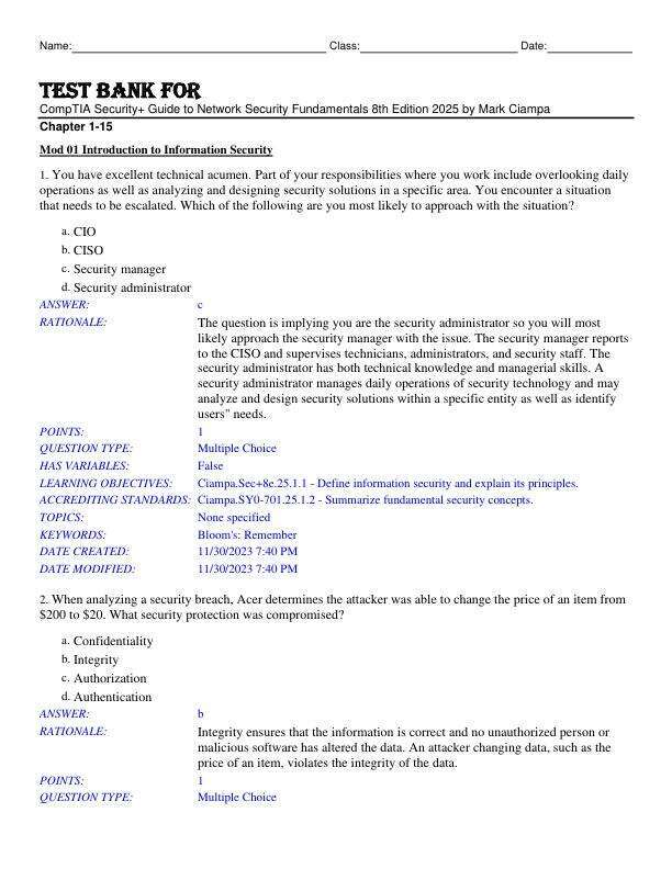 Test Bank For CompTIA Security+ Guide to Network Security Fundamentals 8th Edition by 2025 by Mark Ciampa Chapter 1-15