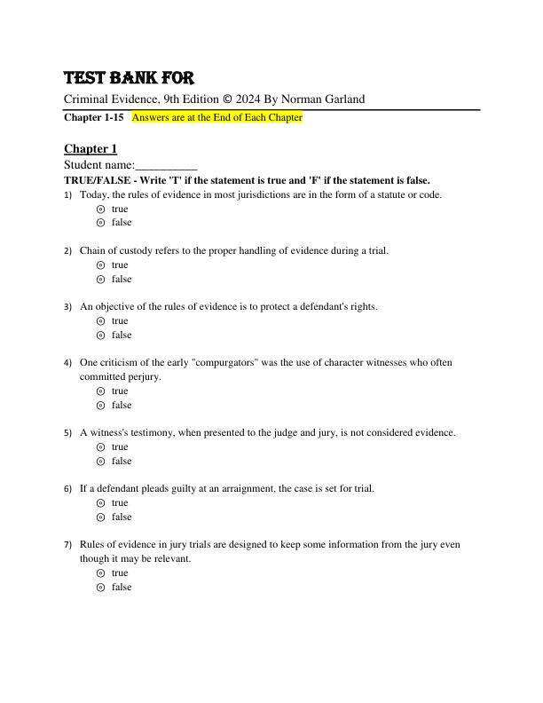 Test Bank For Criminal Evidence, 9th Edition © 2024 By Norman Garland Chapter 1-15
