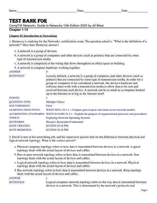 Test Bank For CompTIA Network+ Guide to Networks 10th Edition 2025 by Jill West Chapter 1-12