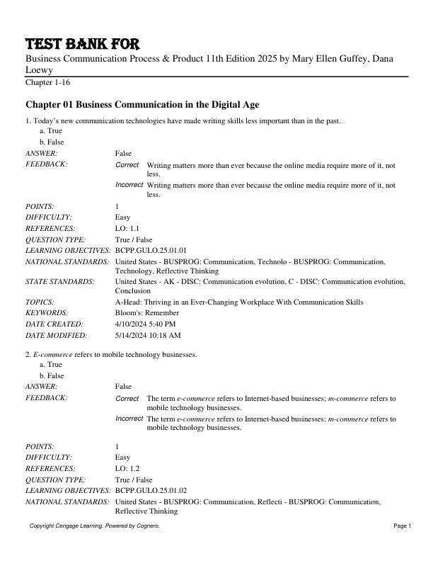 Test Bank For Business Communication Process & Product 11th Edition 2025 by Mary Ellen Guffey, Dana Loewy Chapter 1-16
