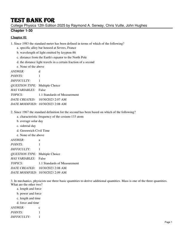 Test Bank For College Physics 12th Edition 2025 by Raymond A. Serway, Chris Vuille, John Hughes Chapter 1-30