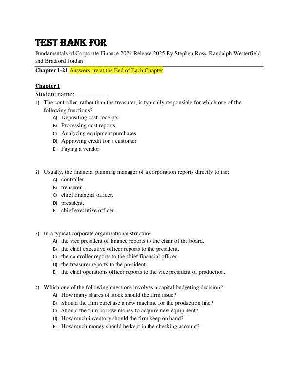 Test Bank For Fundamentals of Corporate Finance 2024 Release 2025 By Stephen Ross, Randolph Westerfield and Bradford Jordan Chapter 1-27