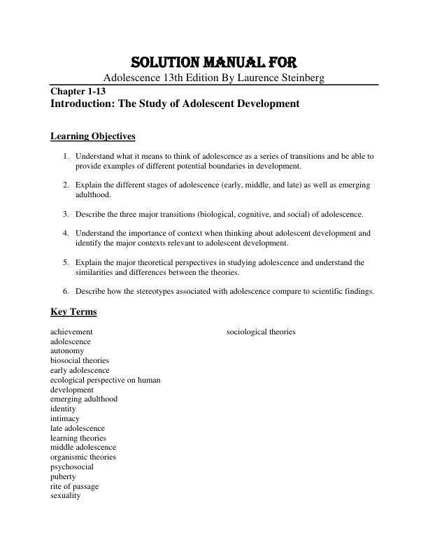 Solution Manual For Adolescence 13th Edition By Laurence Steinberg Chapter 1-13