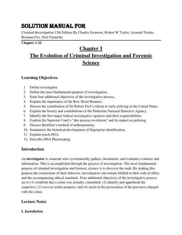 Solution Manual For Criminal Investigation 13th Edition By Charles Swanson, Robert W Taylor, Leonard Territo, Bryanna Fox, Neil Chamelin Chapter 1-22