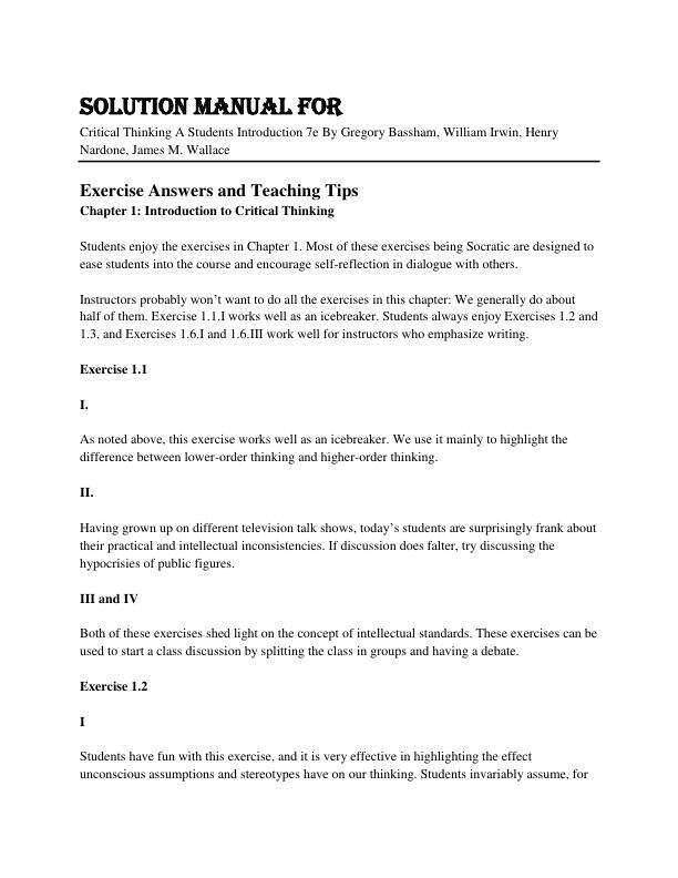 Solution Manual For Critical Thinking A Students Introduction 7th Edition By Gregory Bassham, William Irwin, Henry Nardone, James M. Wallace 
