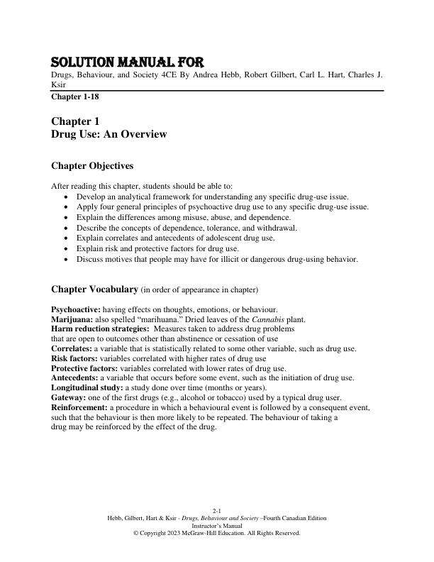 Solution Manual For Drugs, Behaviour, and Society 4th Canadian Edition By Andrea Hebb, Robert Gilbert, Carl L. Hart, Charles J. Ksir Chapter 1-18