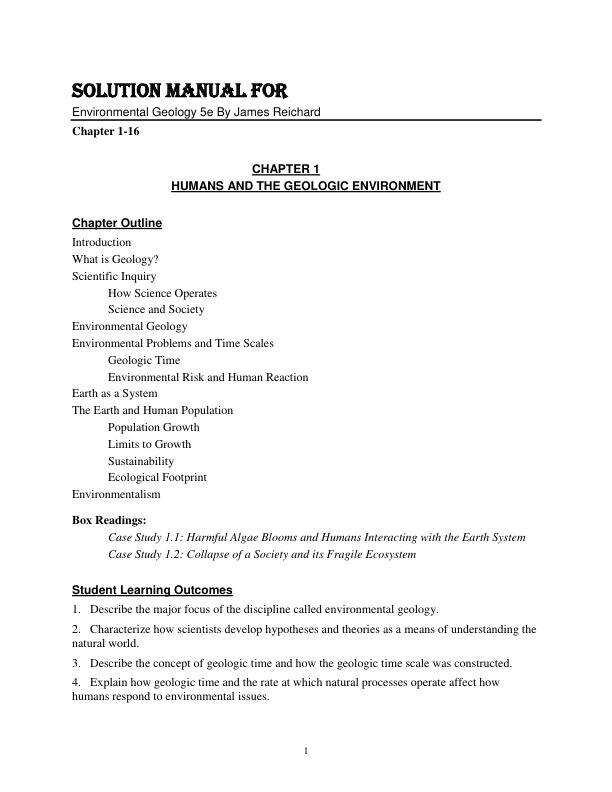 Solution Manual For Environmental Geology 5th Edition By James Reichard Chapter 1-16