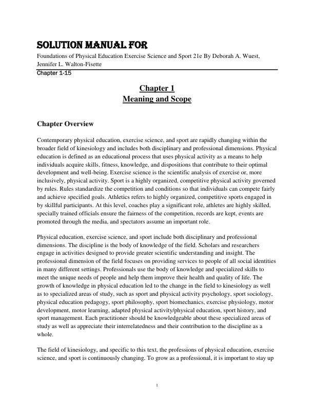 Solution Manual For Foundations of Physical Education Exercise Science and Sport 21th Edition By Deborah A. Wuest, Jennifer L. Walton-Fisette Chapter 1-15
