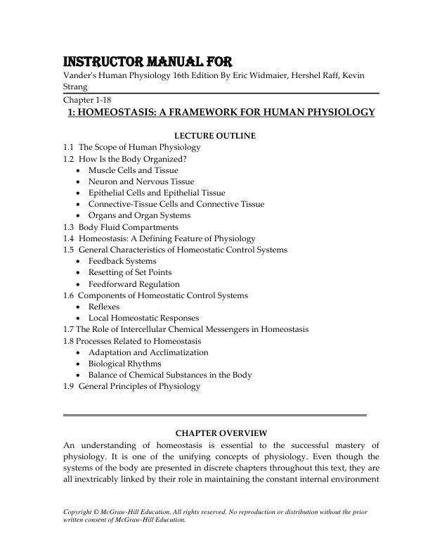 Instructor Manual For Vander's Human Physiology 16th Edition By Eric Widmaier, Hershel Raff, Kevin Strang Chapter 1-18