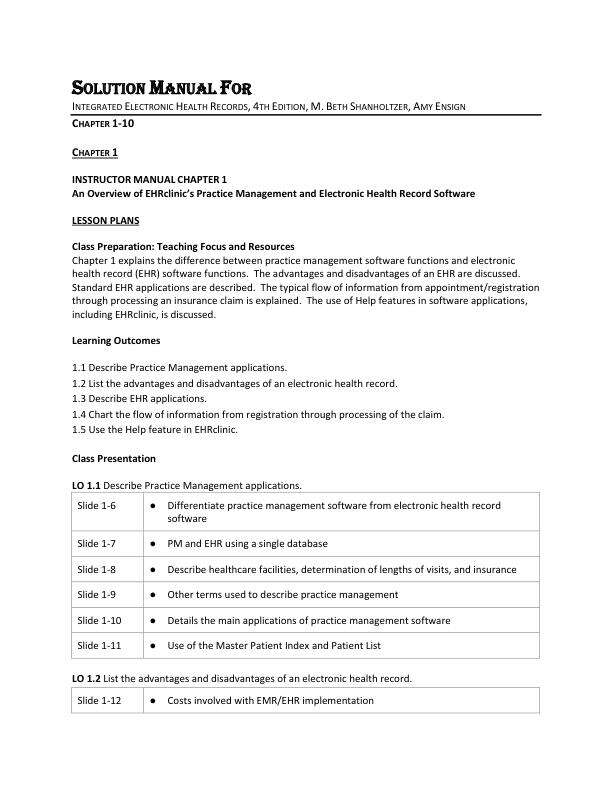 Solution Manual For Integrated Electronic Health Records, 4th Edition by M. Beth Shanholtzer, Amy Ensign Chapter 1-10