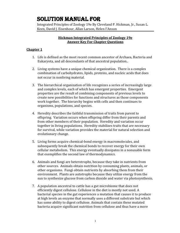 Solution Manual For Integrated Principles of Zoology 19th Editon By Cleveland P. Hickman, Jr., Susan L. Keen, David J. Eisenhour, Allan Larson, Helen I'Anson