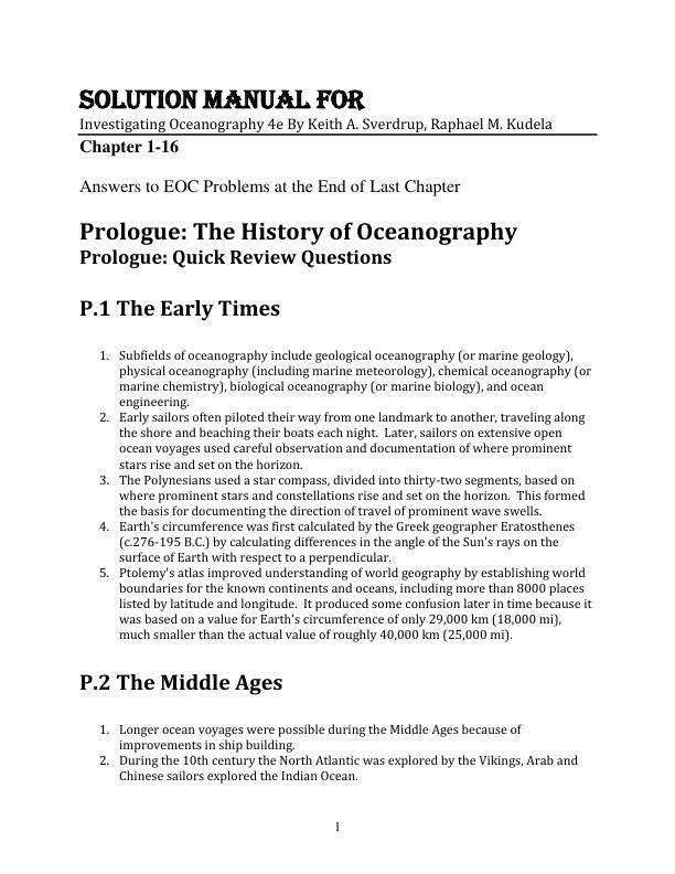 Solution Manual For Investigating Oceanography 4th Edition By Keith A. Sverdrup, Raphael M. Kudela Chapter 1-16