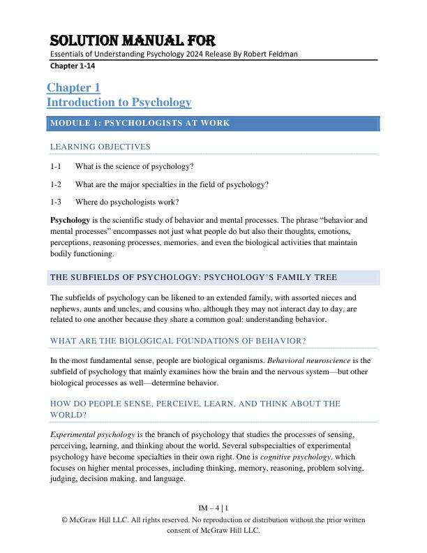 Solution Manual For Essentials of Understanding Psychology 2024 Release By Robert Feldman Chapter 1-14