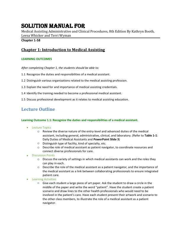 Solution Manual For Medical Assisting Administrative and Clinical Procedures, 8th Edition By Kathryn Booth, Leesa Whicker and Terri Wyman Chapter 1-58