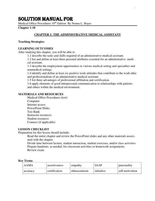 Solution Manual For Medical Office Procedures 10th Edition By Nenna L. Bayes Chapter 1-10 with Simulation(1 2)