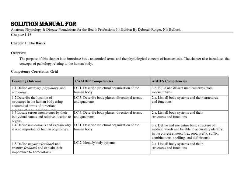Solution Manual For Anatomy Physiology & Disease Foundations for the Health Professions 3th Edition By Deborah Roiger, Nia Bullock Chapter 1-16