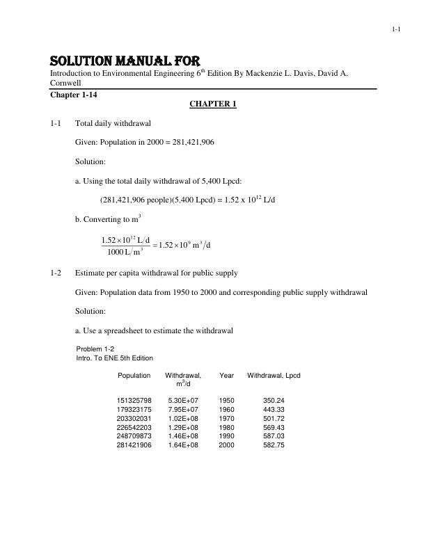 Solution Manual For Introduction to Environmental Engineering 6th Edition By Mackenzie L. Davis, David A. Cornwell Chapter 1-14