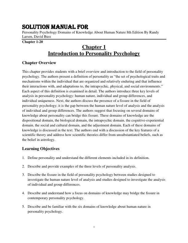 Solution Manual For Personality Psychology Domains of Knowledge About Human Nature 8th Edition By Randy Larsen, David Buss Chapter 1-20