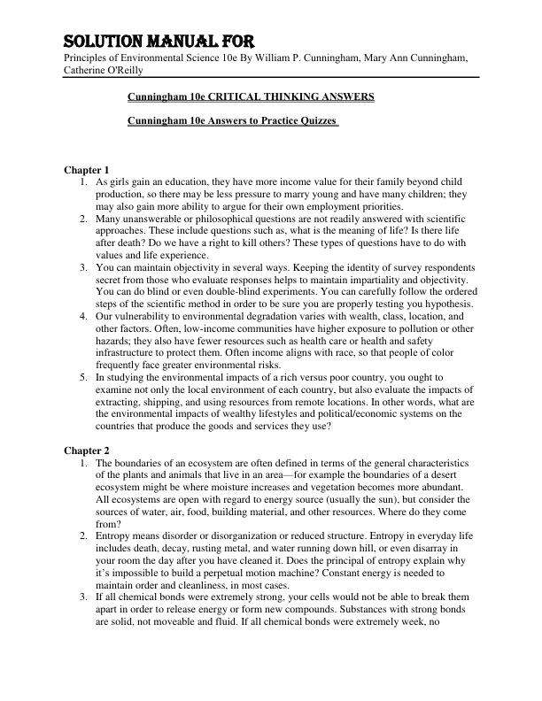 Solution Manual For Principles of Environmental Science 10th Edition By William P. Cunningham, Mary Ann Cunningham, Catherine O'Reilly