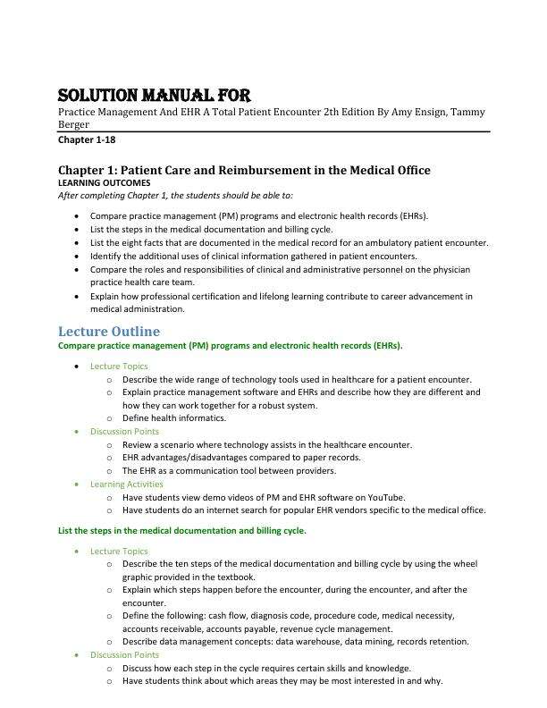 Solution Manual For Practice Management And EHR A Total Patient Encounter 2th Edition By Amy Ensign, Tammy Berger Chapter 1-18