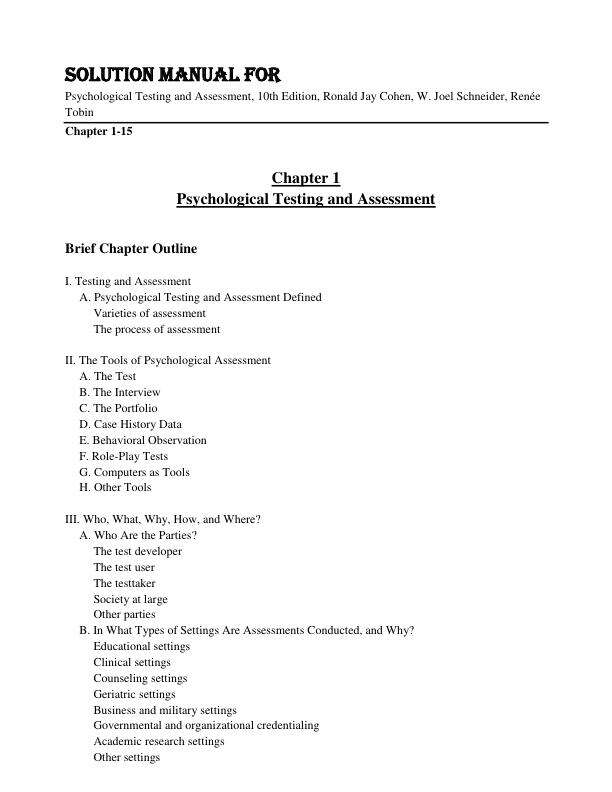 Solution Manual For Psychological Testing and Assessment, 10th Edition by Ronald Jay Cohen, W. Joel Schneider, Renée Tobin Chapte 1-15