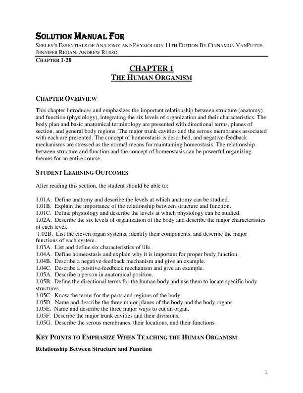 Solution Manual For Seeley's Essentials of Anatomy and Physiology 11th Edition By Cinnamon VanPutte, Jennifer Regan, Andrew Russo Chapter 1-20 With Appendix