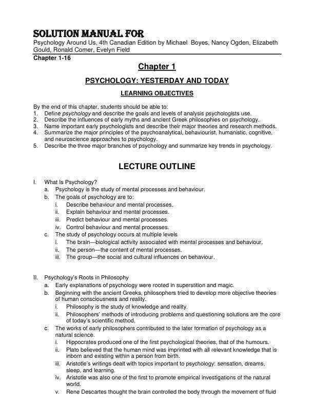 Solution Manual For Psychology Around Us, 4th Canadian Edition by Michael  Boyes, Nancy Ogden, Elizabeth Gould, Ronald Comer, Evelyn Field Chapter 1-16