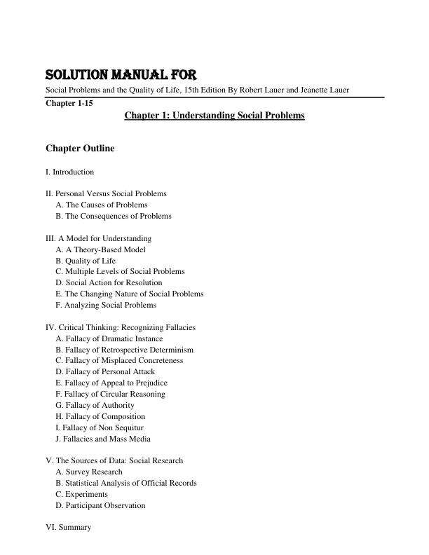 Solution Manual For Social Problems and the Quality of Life,15th Edition By Robert Lauer and Jeanette Lauer Chapter 1-15