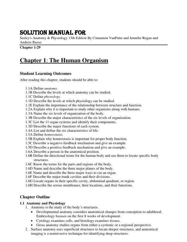 Solution Manual For Seeley's Anatomy & Physiology 13th Edition By Cinnamon VanPutte and Jennifer Regan and Andrew Russo Chapter 1-29