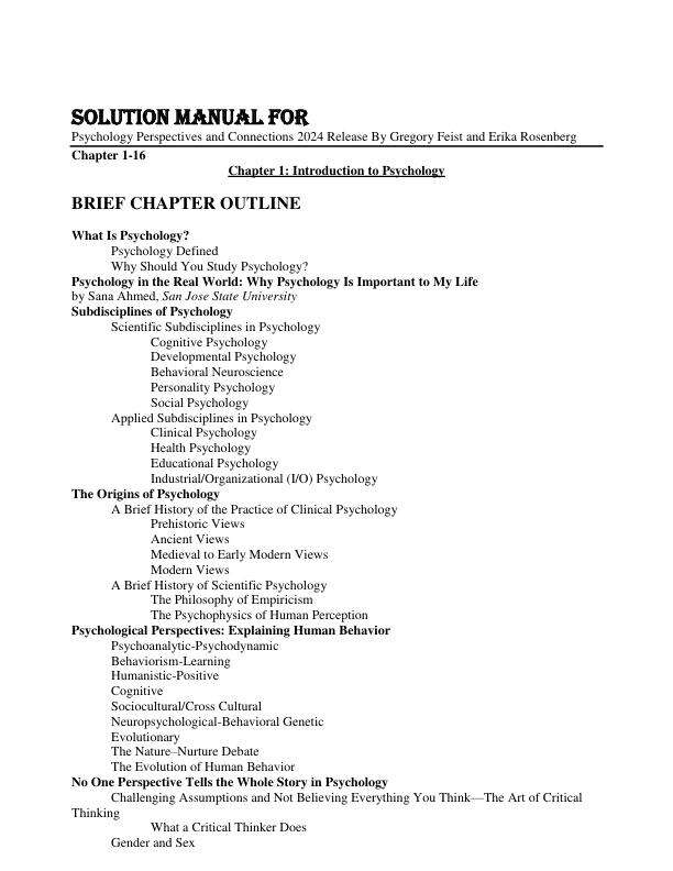 Solution Manual For Psychology Perspectives and Connections 2024 Release By Gregory Feist and Erika Rosenberg Chapter 1-16