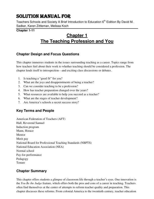 mobile-preview-Solution Manual For Teachers Schools and Society A Brief Introduction to Education 6th Edition By David M. Sadker, Karen Zittleman, Melissa Koch Chapter 1-11