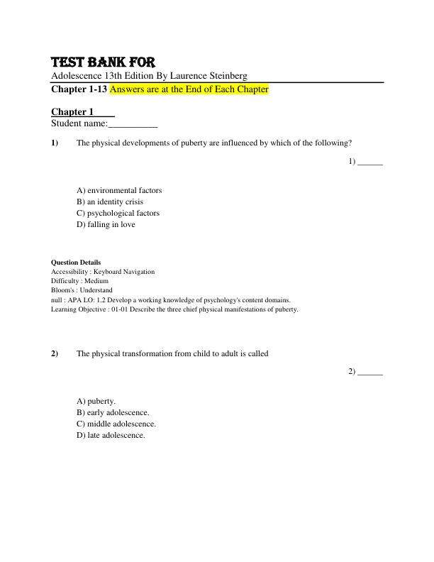 Test Bank for Adolescence 13th Edition By Laurence Steinberg Chapter 1-13